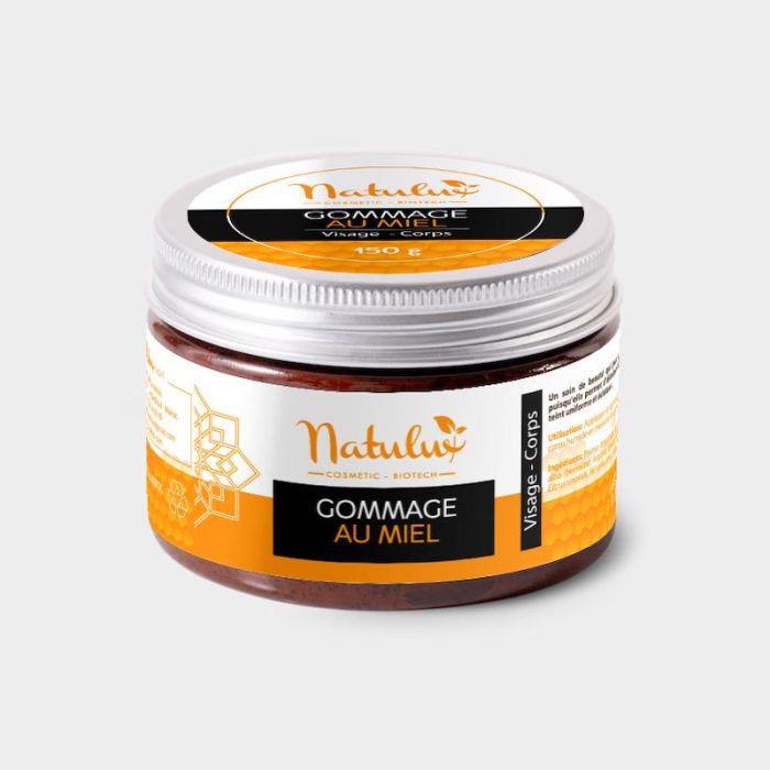 NatuLuxe Fournisseur Bio Cosmetique Produit gommage naturel avec miel pour visage et corps 150 g